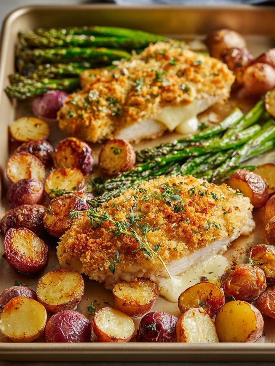 Chicken with a Parmesan crust and roasted potatoes on a plate.