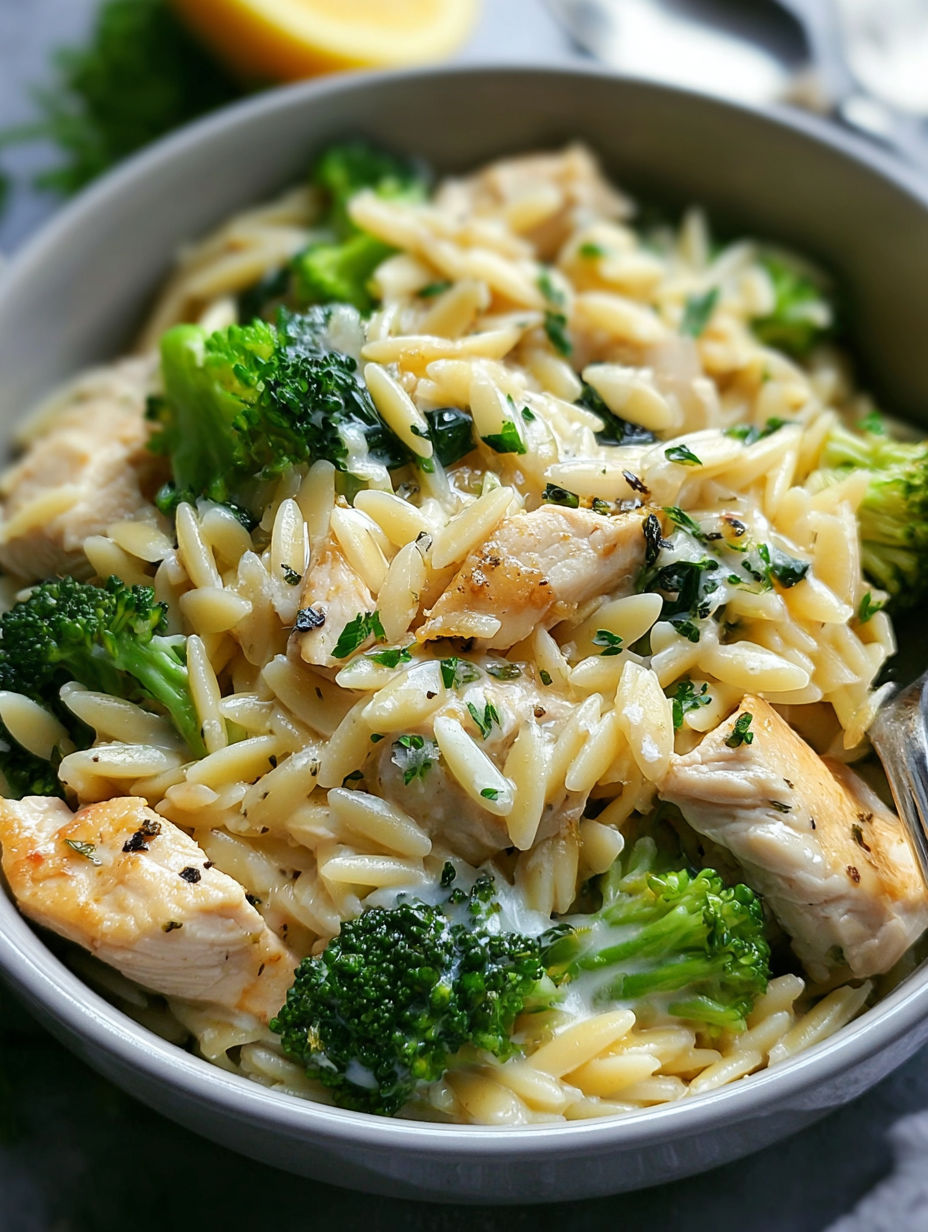 A bowl filled with chicken and broccoli orzo.
