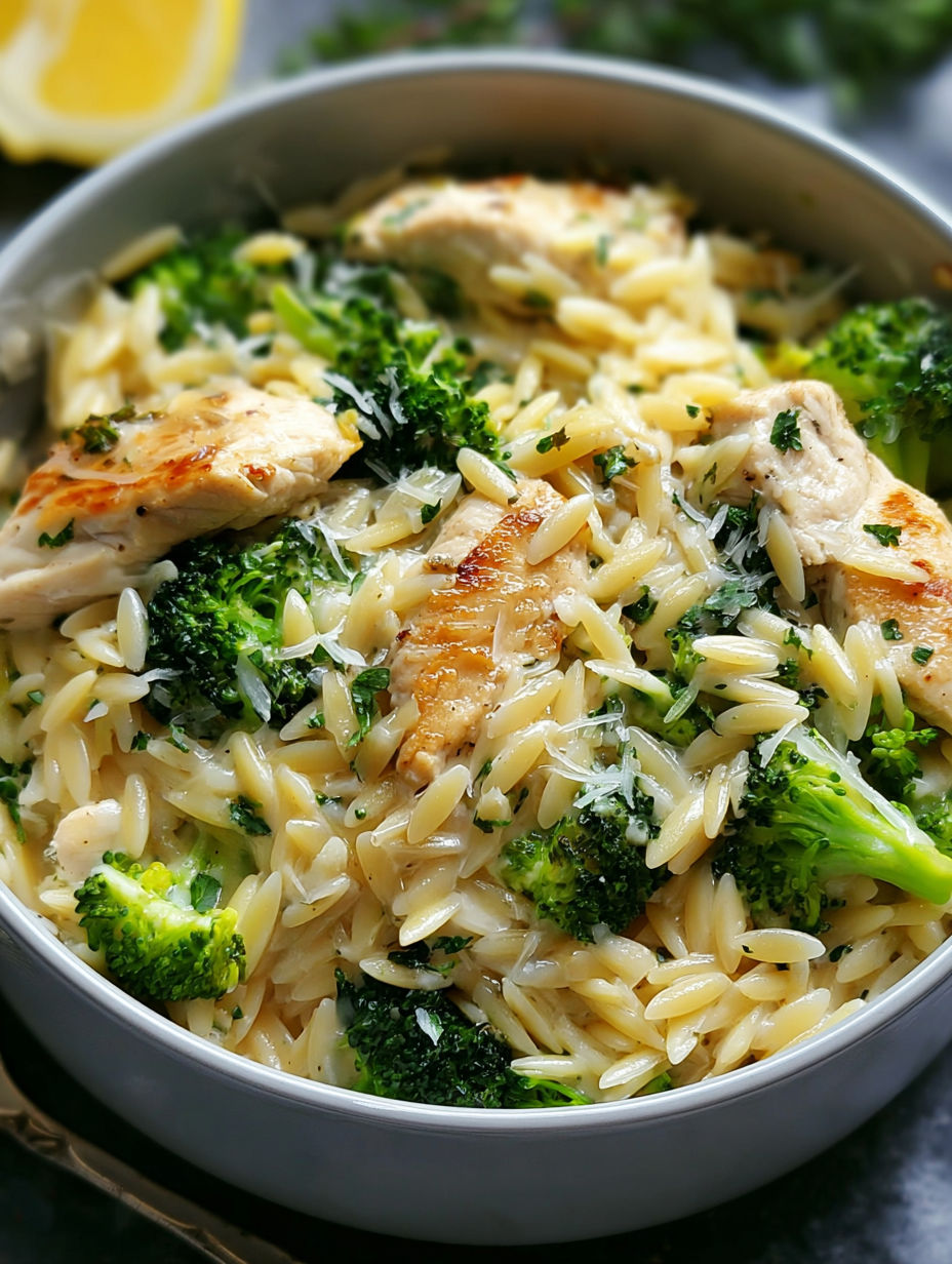 A bowl of chicken and broccoli orzo.