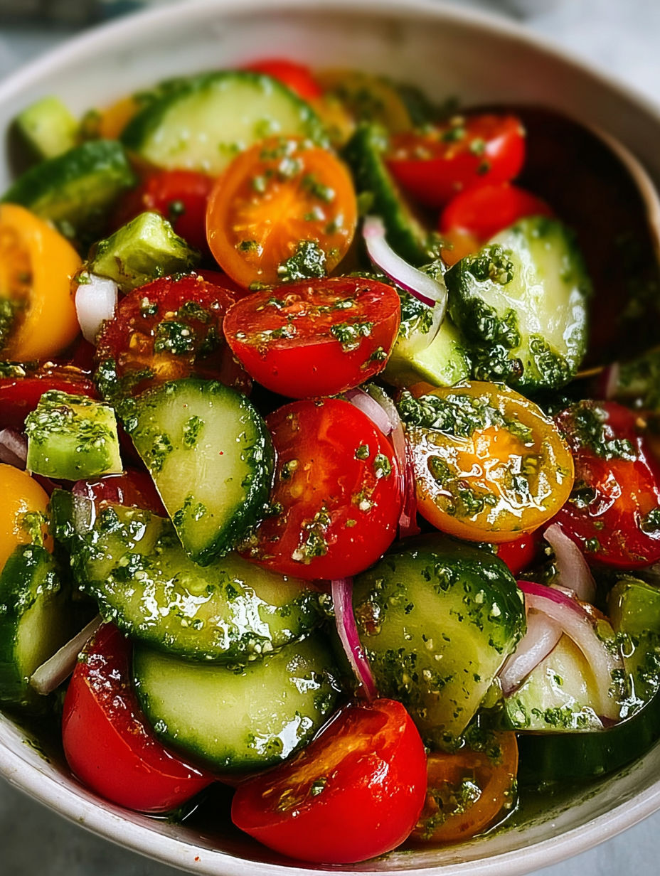 A bowl of fresh vegetables including tomatoes, cucumbers, and avocados.
