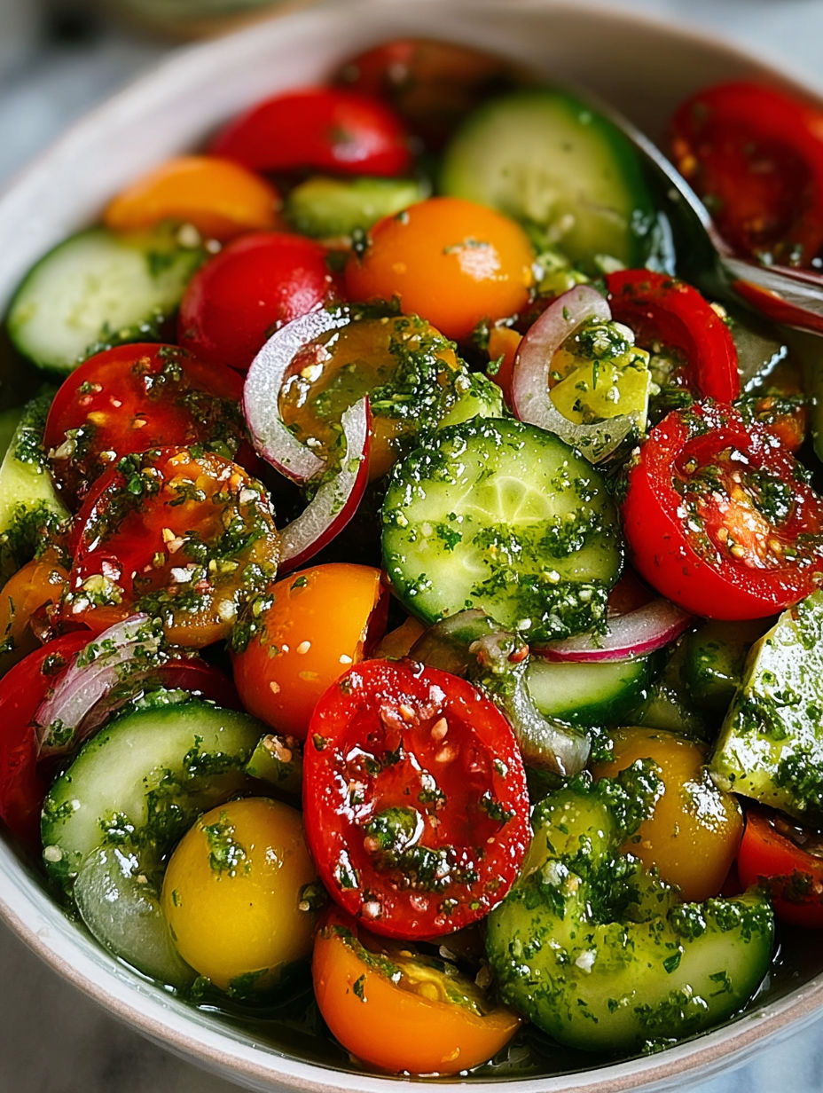 A bowl of salad with tomatoes, cucumbers, and avocado.