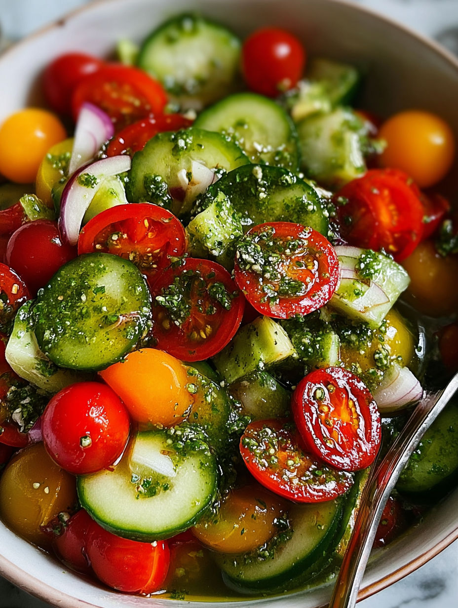 A bowl of fresh vegetables including tomatoes, cucumbers, and avocados.