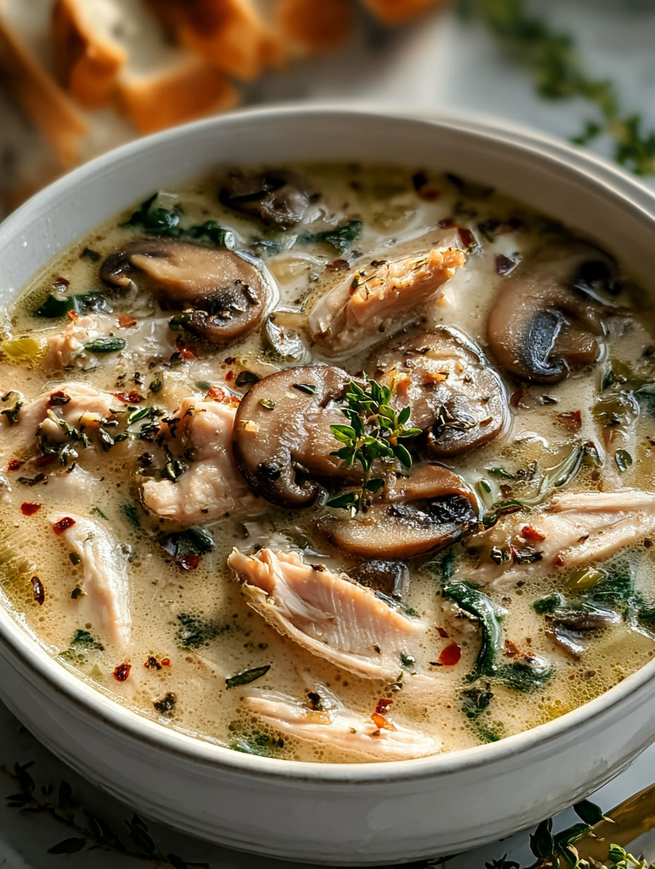 Chicken and mushroom soup in a bowl.