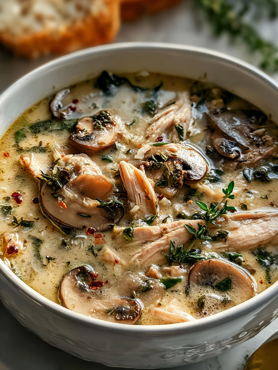 A bowl of soup with mushrooms and chicken.