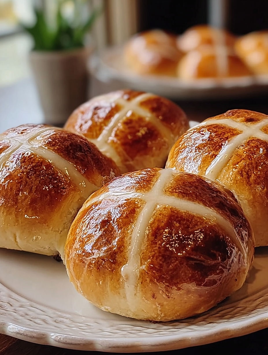 Four hot cross buns on a plate.