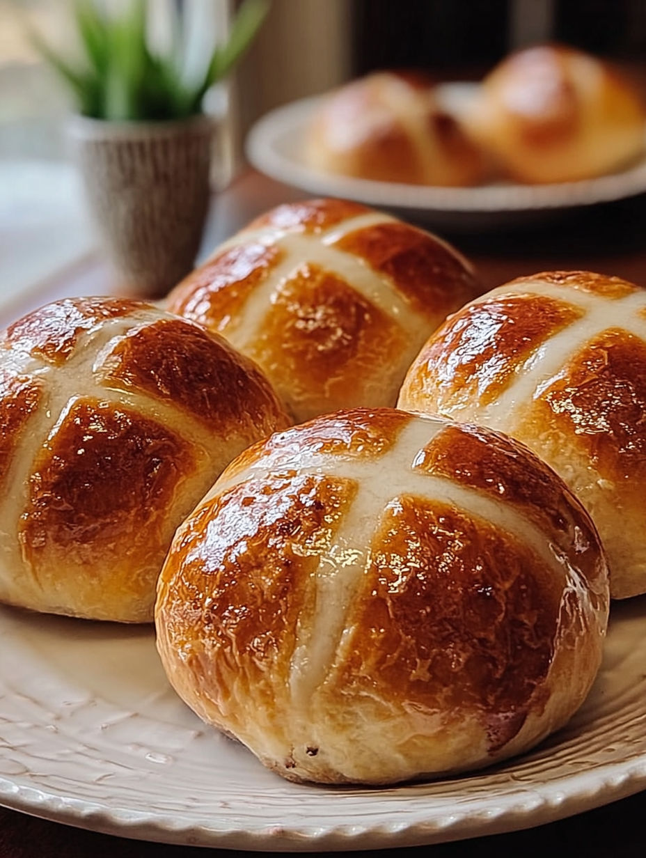 Three hot cross buns on a plate.