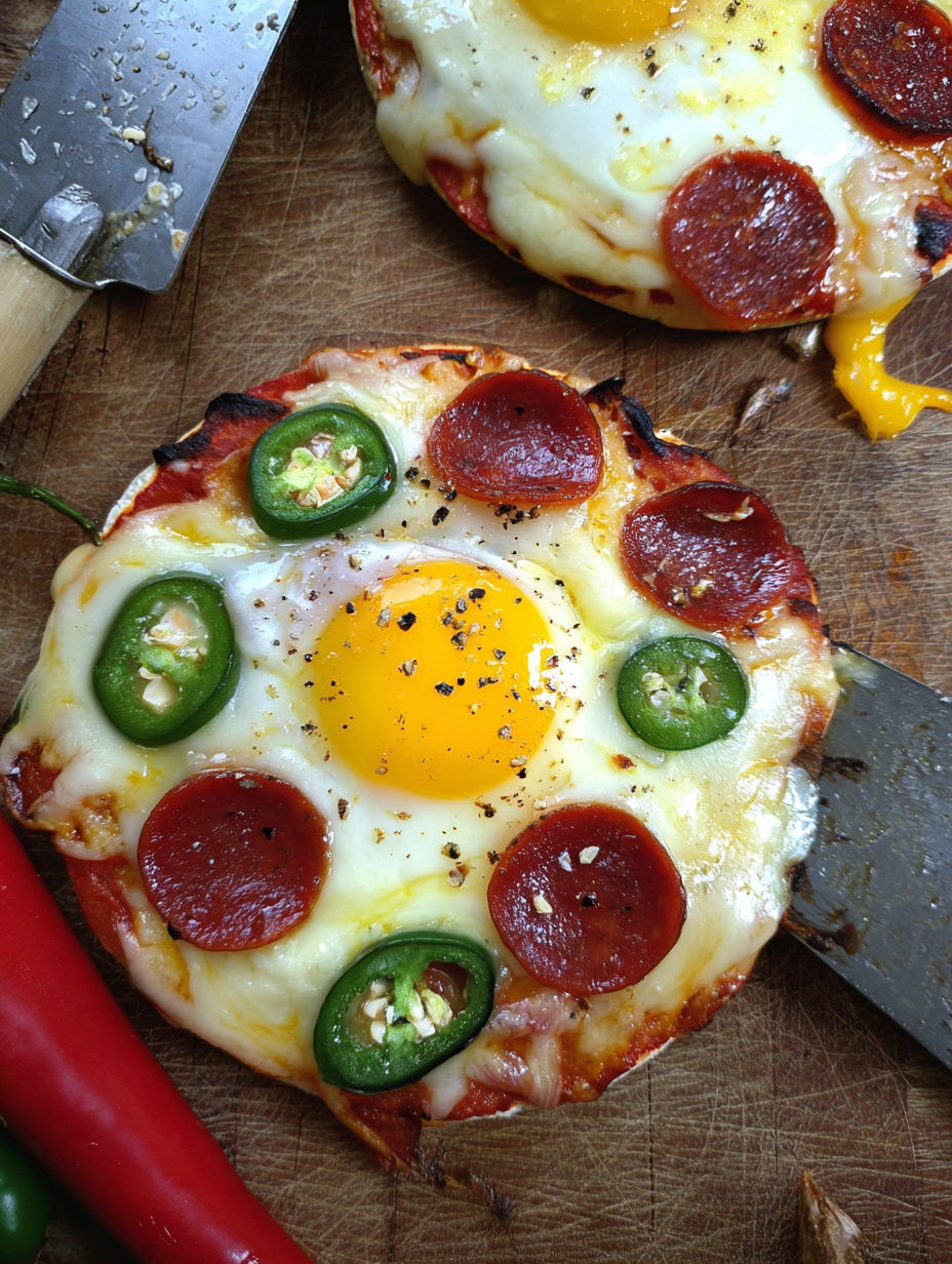 A breakfast pizza with peppers and cheese.