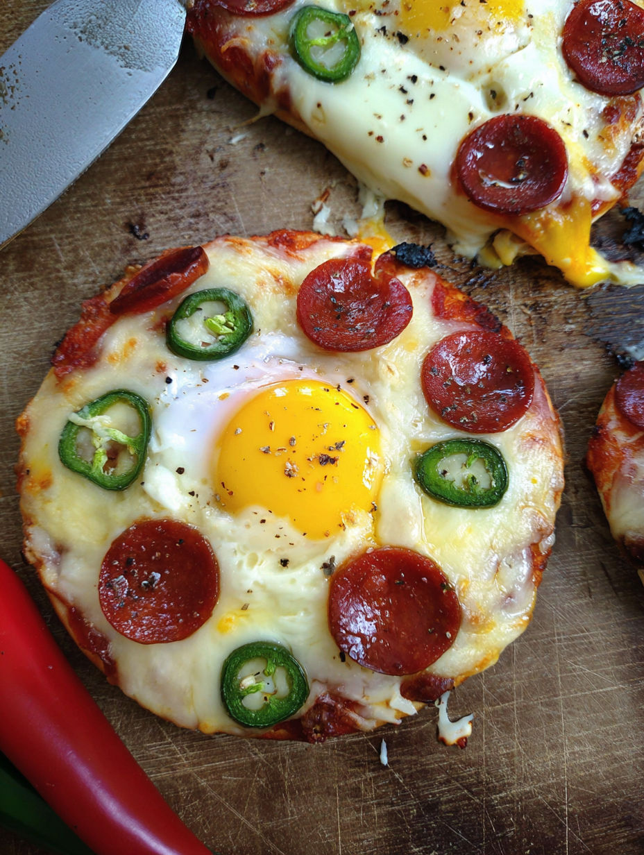 A breakfast pizza with peppers and cheese.