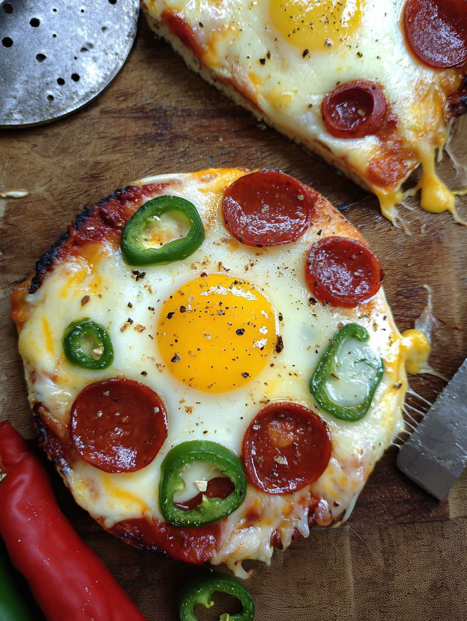 A breakfast pizza with peppers and cheese.