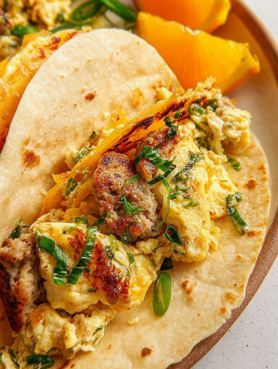 A breakfast taco with sausage, egg, and cheese.