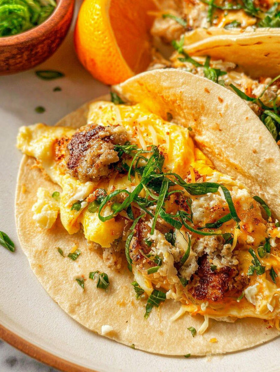 A breakfast taco with eggs, sausage, and crispy cheese.