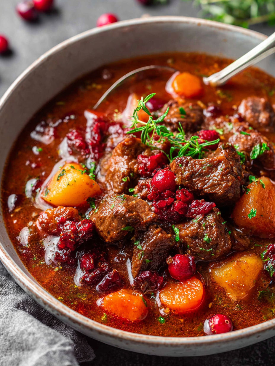 A bowl of beef stew with carrots and cranberries.