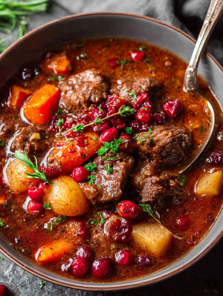 A bowl of stew with meat and vegetables.