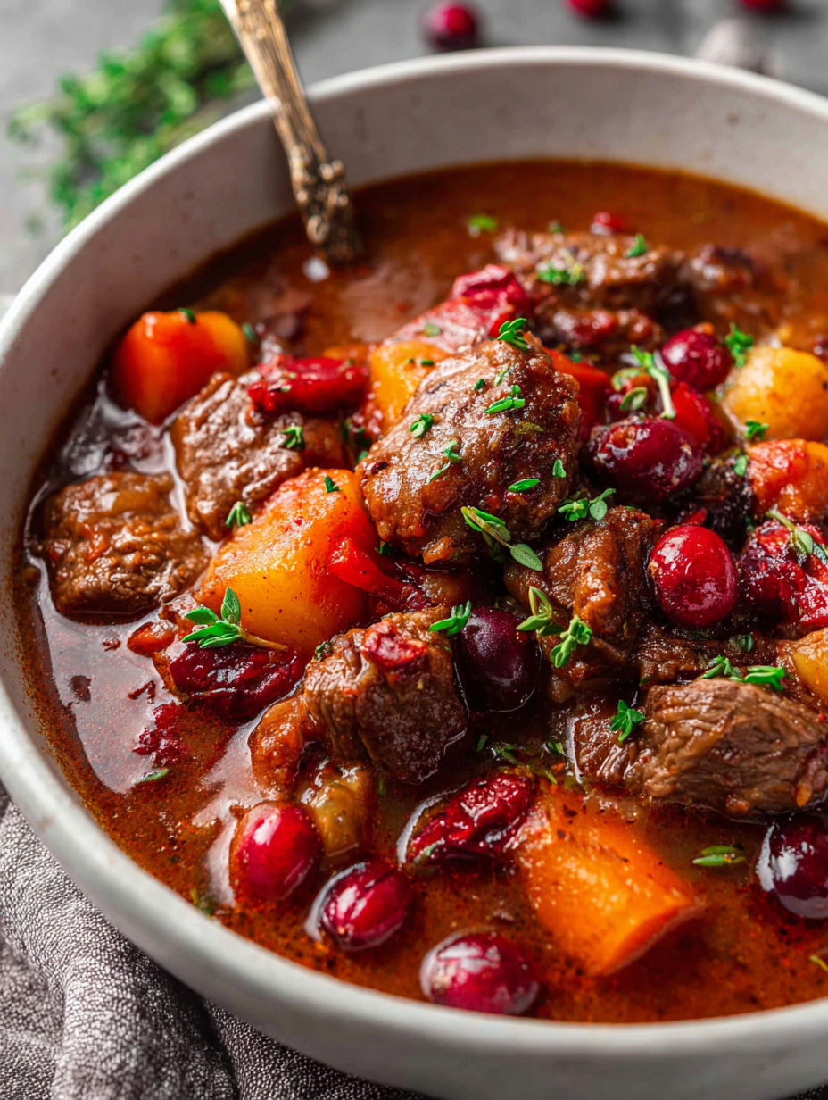 A bowl of stew with beef, cranberries, and apples.