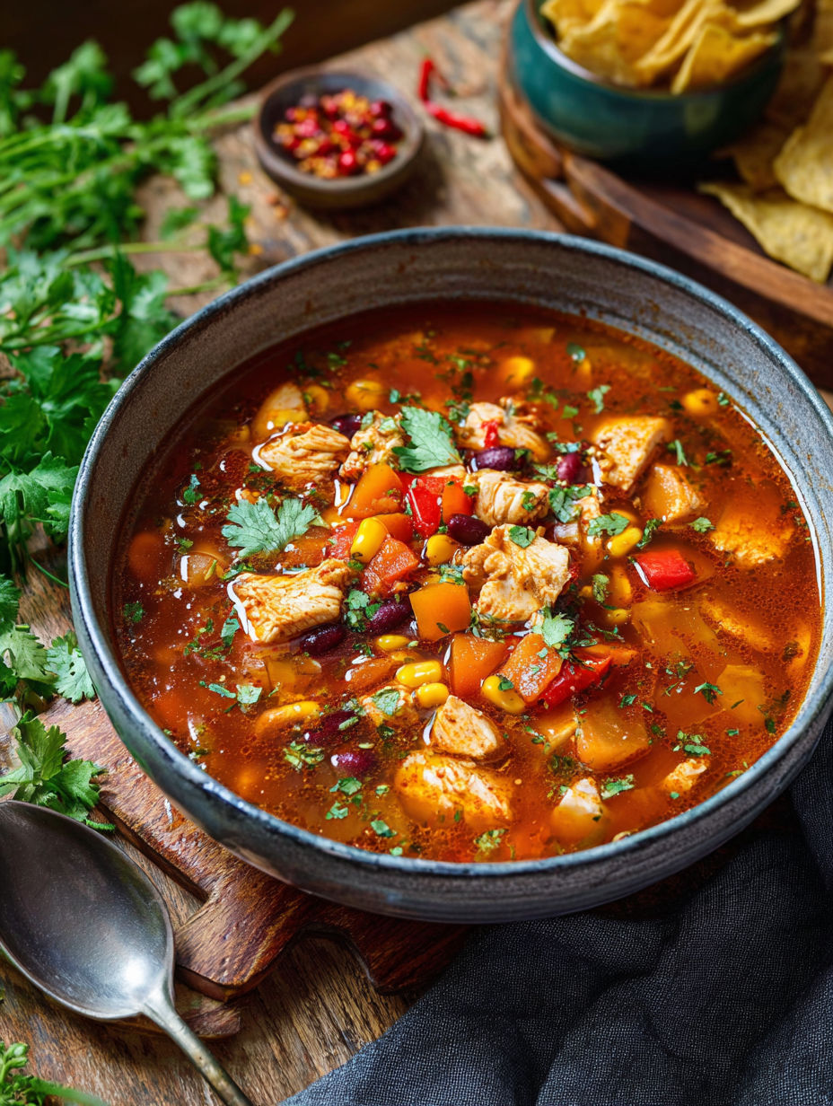 Bowl filled with chicken and veggie stew.