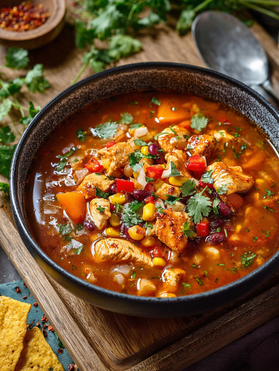 A bowl of BBQ chicken soup with a spoon in it.
