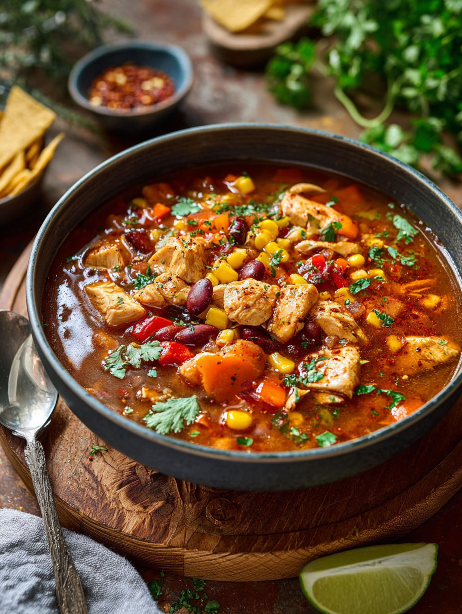 A bowl of BBQ chicken soup with a spoon in it.