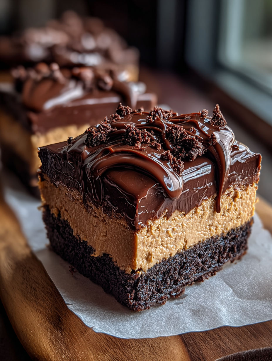 Slice of chocolate fudge peanut butter cake.