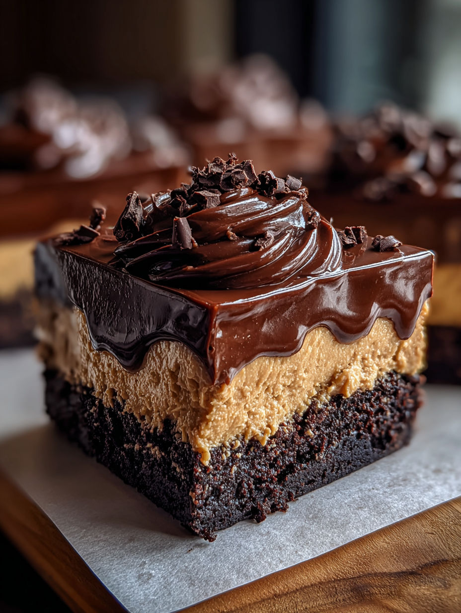 Piece of chocolate cake topped with fudge icing.