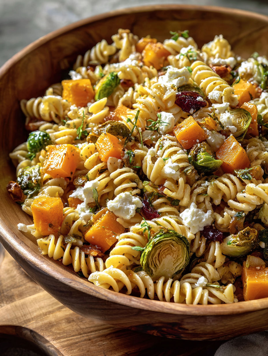 A bowl of pasta salad with butternut squash and brussels sprouts.
