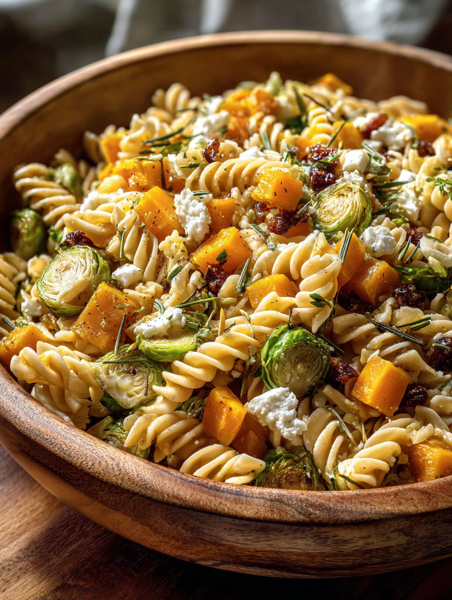 A bowl of pasta salad with butternut squash and brussels sprouts.