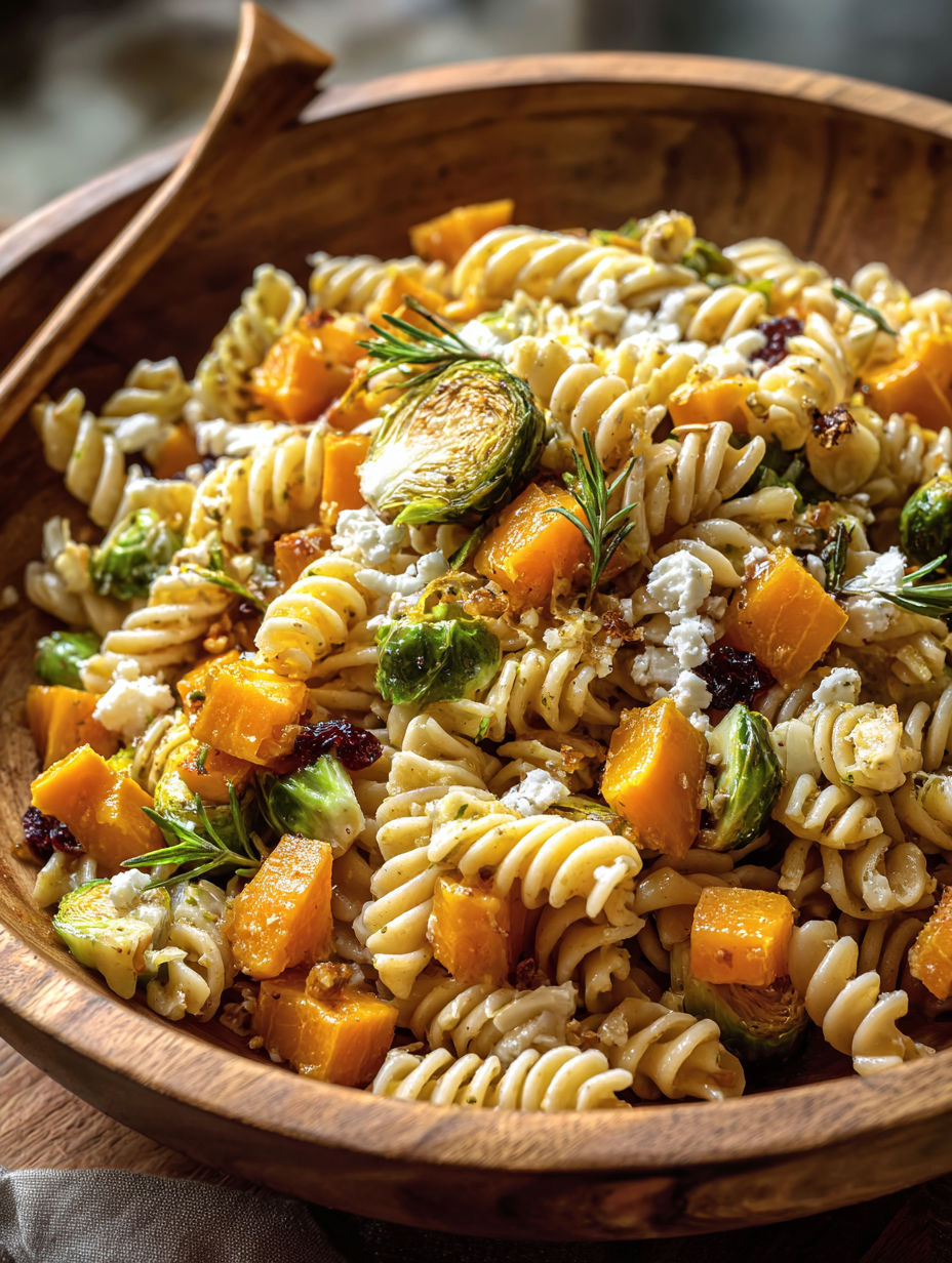 A bowl of pasta salad with butternut squash and brussels sprouts.