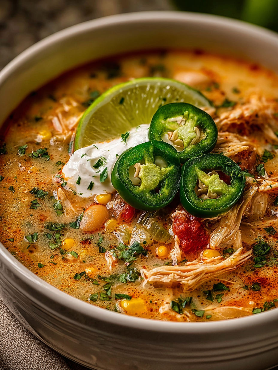 A bowl of Cajun White Chicken Chili with green peppers and jalapenos.