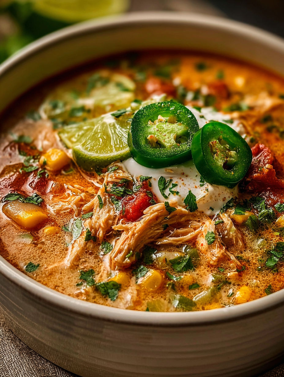 Bowl filled with creamy Cajun white chicken chili topped with limes and jalapeños.