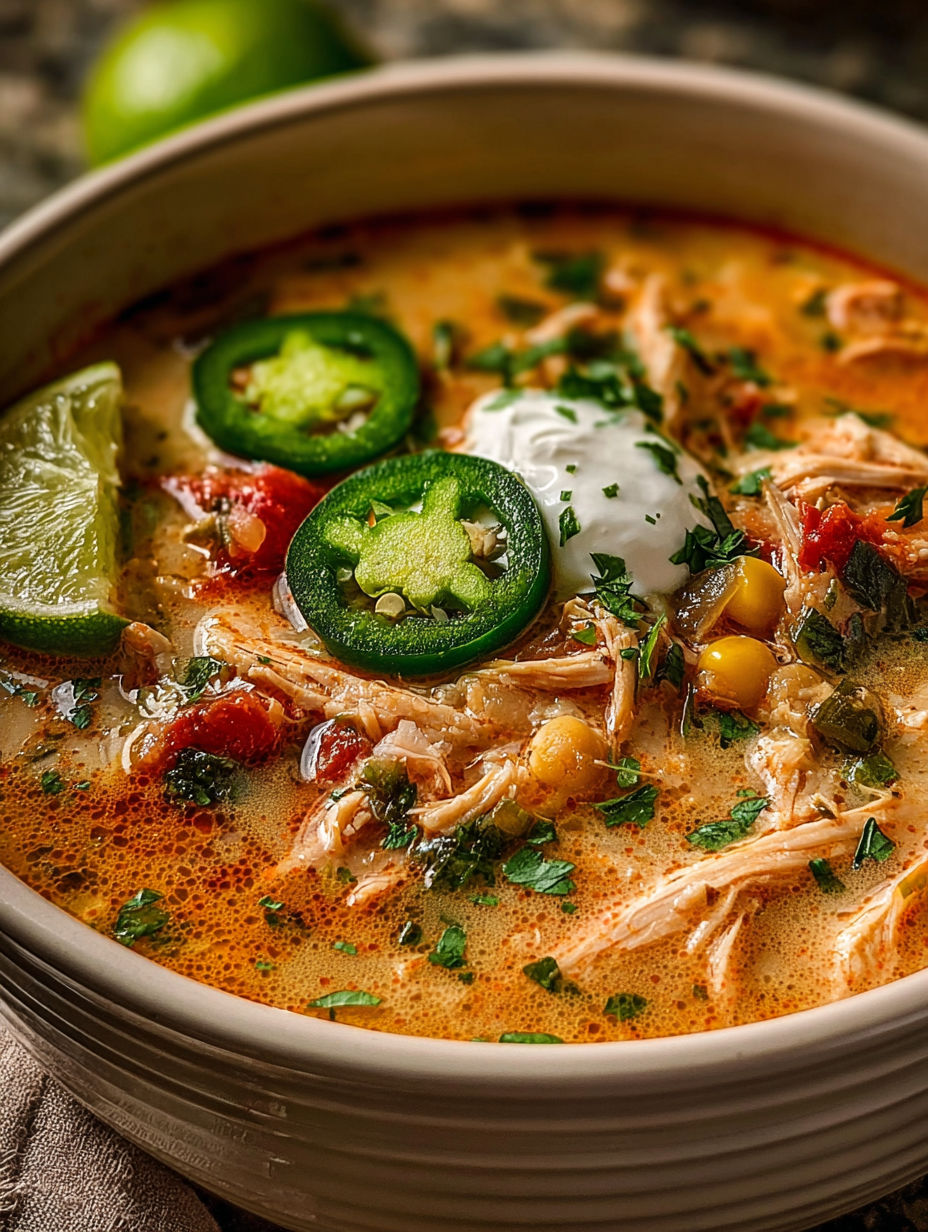 Creamy Cajun white chicken chili served with green peppers and white cheese on top.