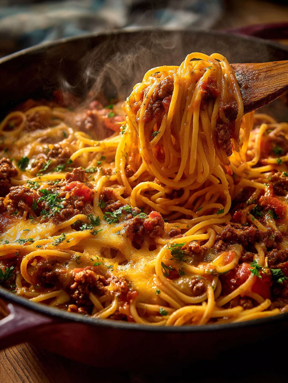A bowl of spaghetti with meat and tomatoes.