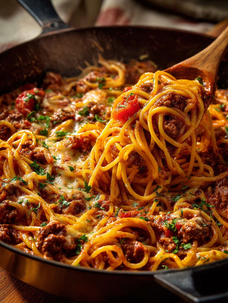 A bowl of spaghetti with meat and tomatoes.