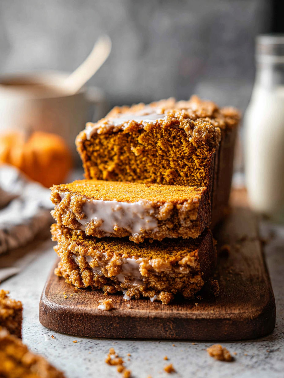 Slice of pumpkin loaf with maple glaze.