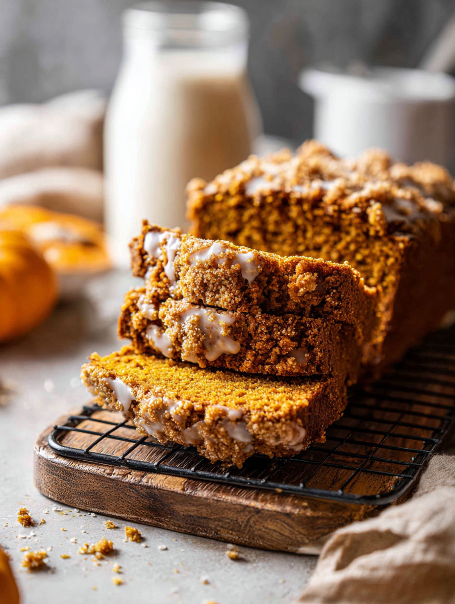 Piece of pumpkin loaf with maple glaze.