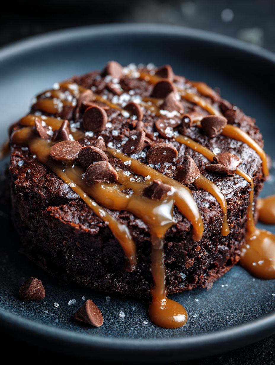 Two-minute protein brownie drizzled with caramel.