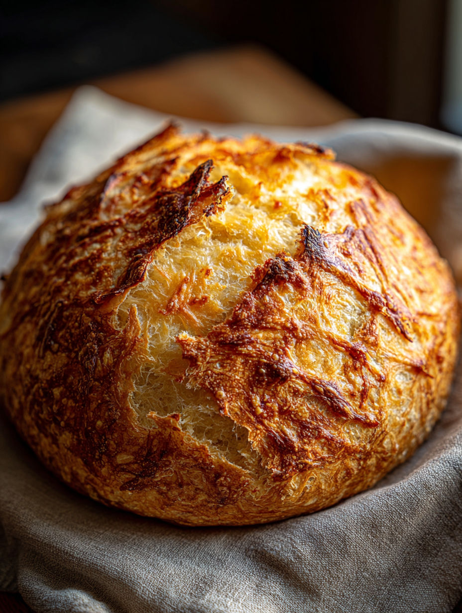 A loaf of bread with a crusty exterior and a soft interior.