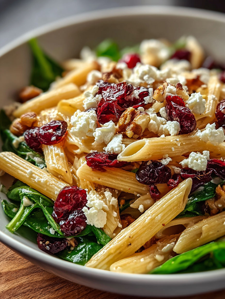 A bowl of pasta with feta cheese and cranberries.