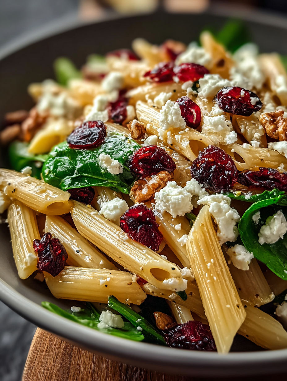A bowl of pasta with feta cheese and cranberries.