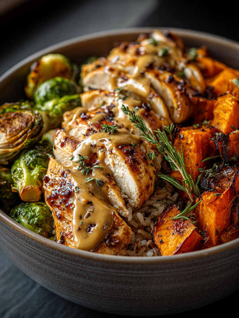 A bowl of chicken with rice and vegetables.