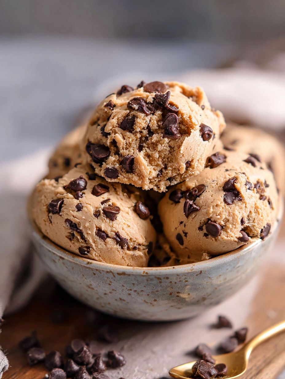 Chocolate chip cookie dough in a bowl.