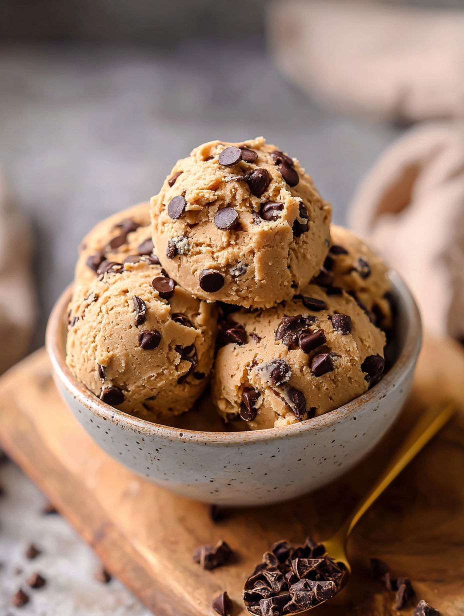 A bowl of chocolate chip protein cookie dough.