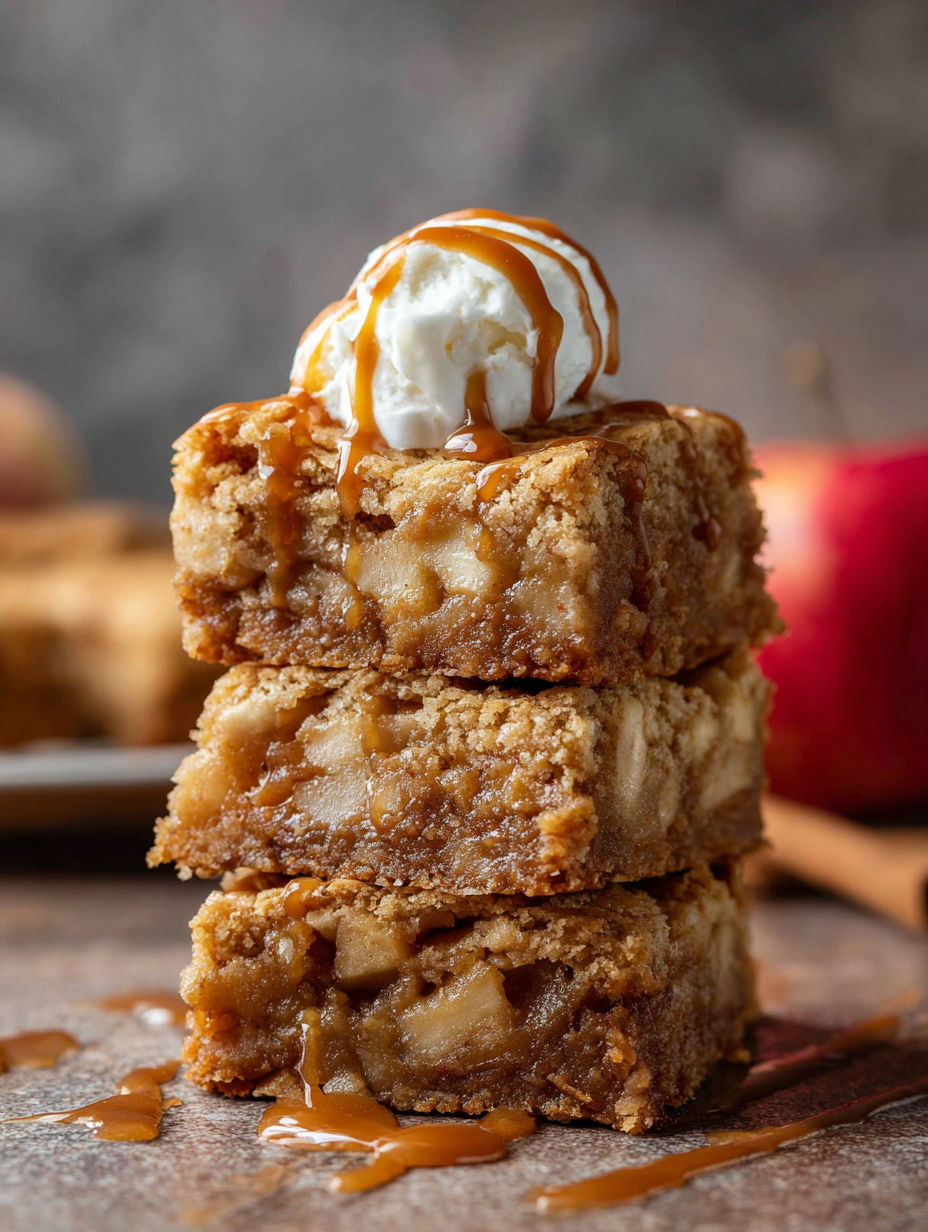 Three apple blondies stacked with caramel drizzled over them.