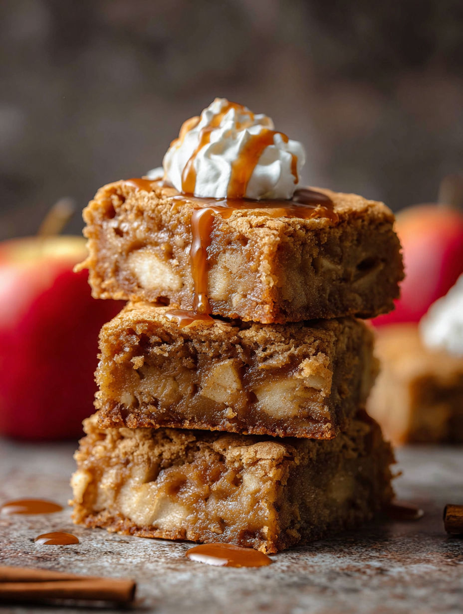 A stack of blondies with white icing and drizzled caramel.