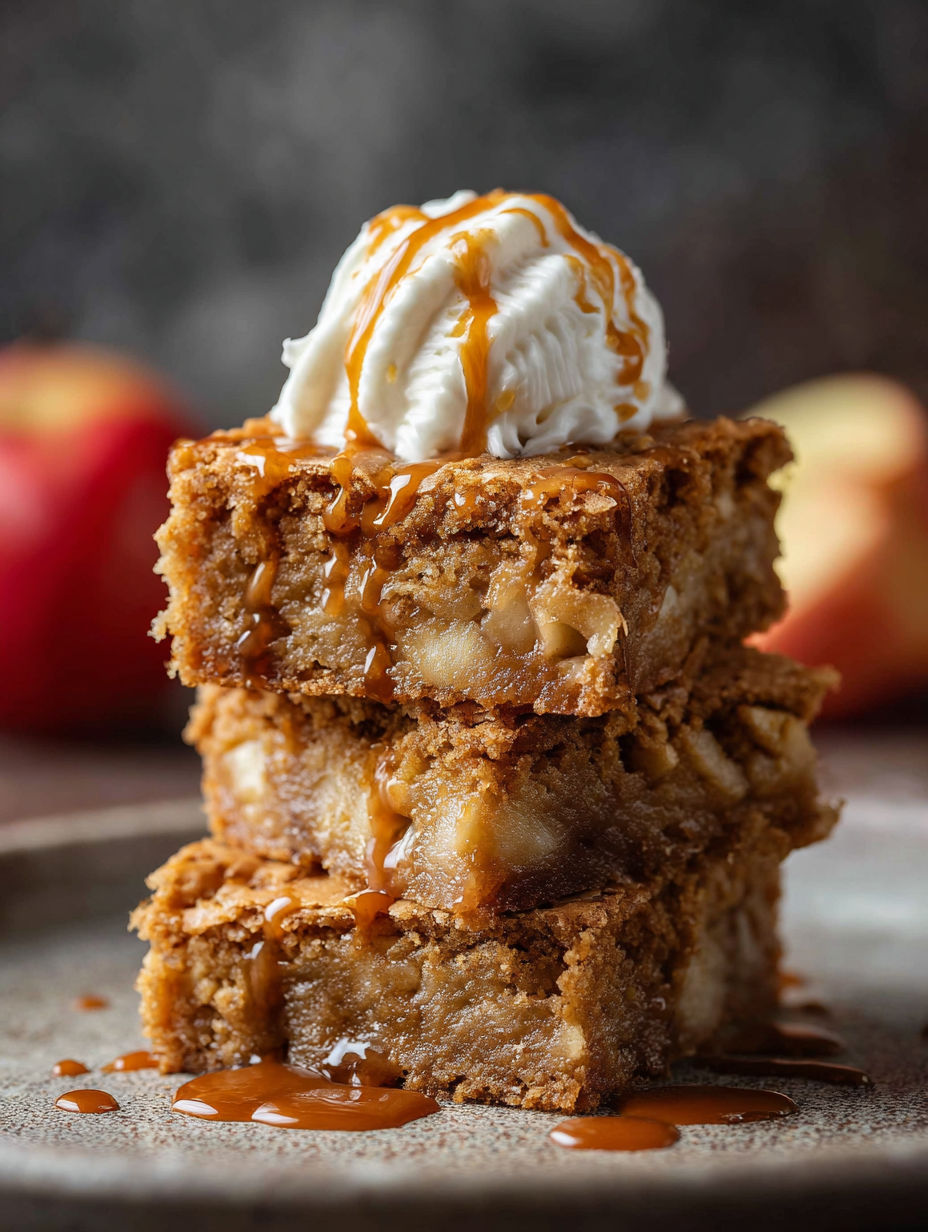 A stack of blondies with caramel drizzled on top.