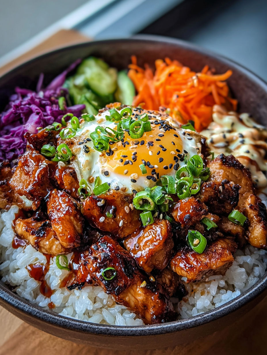 Korean Chicken bowl with creamy gochujang sauce on top.