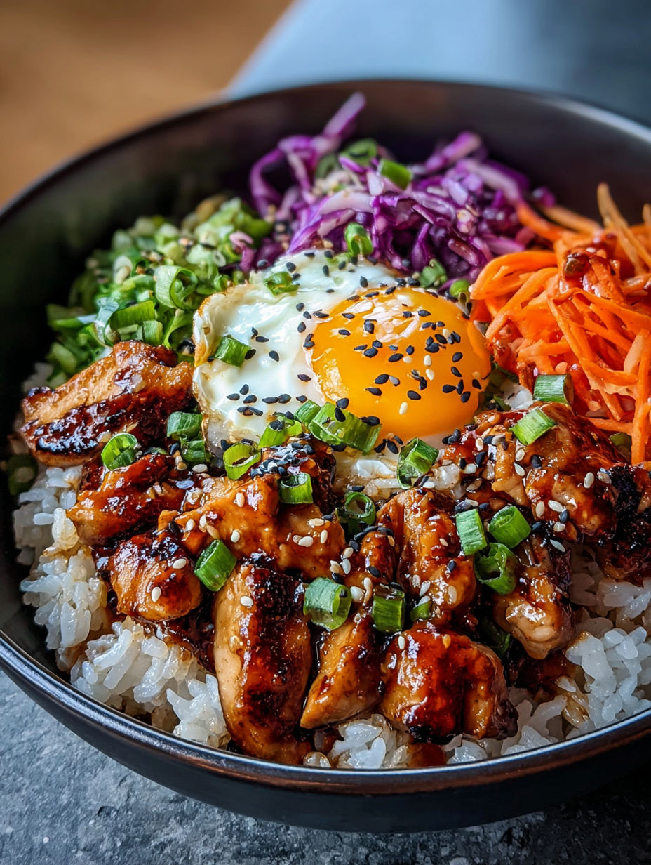 A bowl of food with chicken, rice, and vegetables.