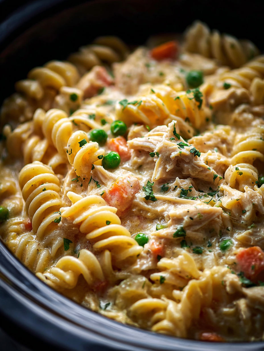 A bowl of chicken pasta with peas.