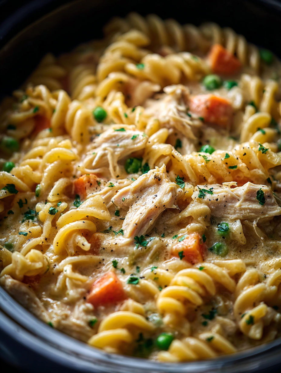A dish of pasta with chicken and peas.