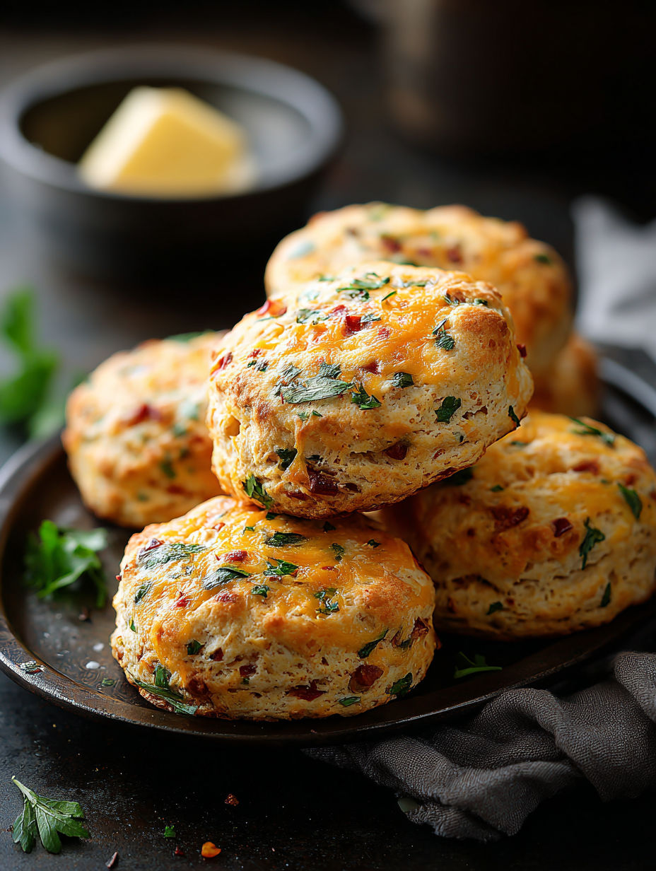 A plate of biscuits with cheese and herbs.