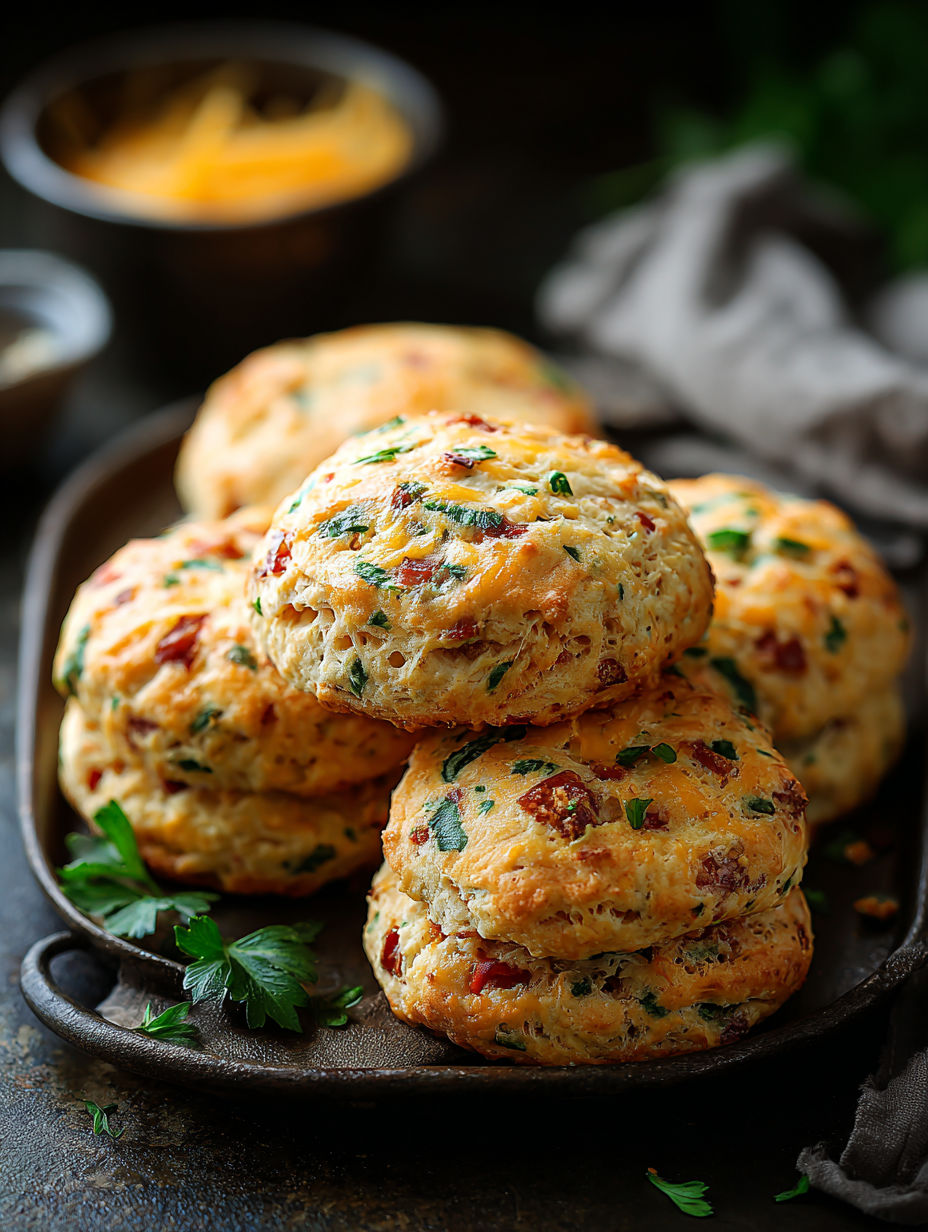 A stack of biscuits with cheese and spinach.
