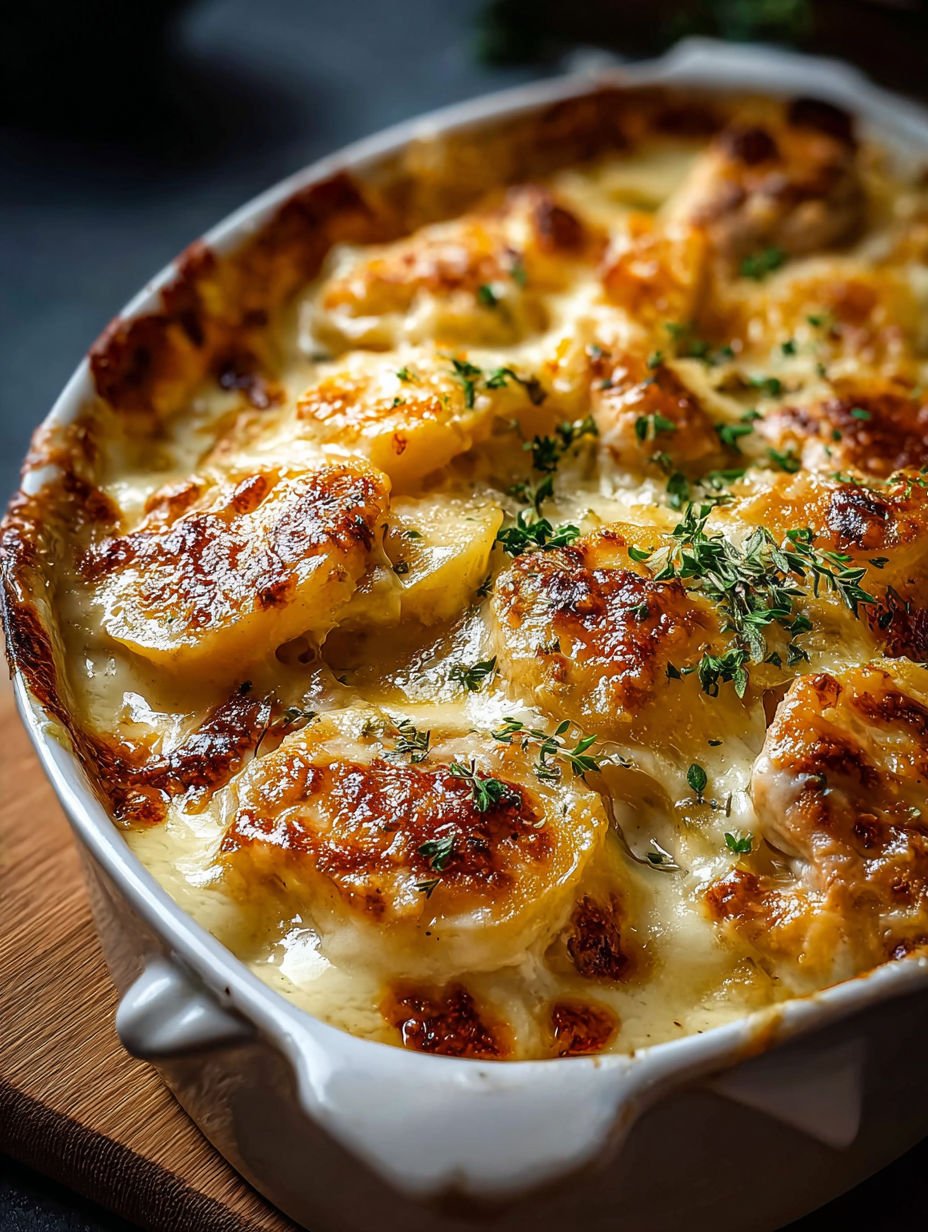 A white bowl filled with creamy Swiss chicken bake
